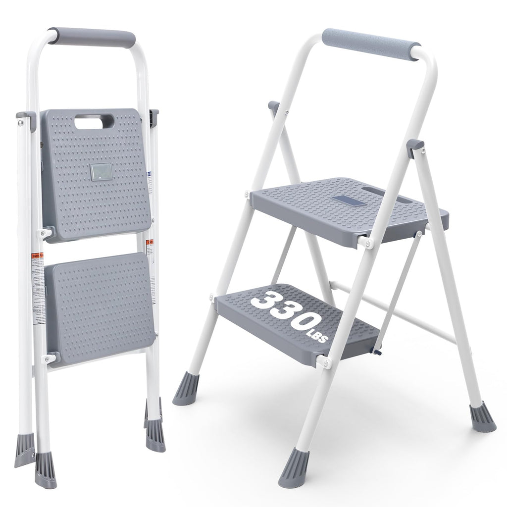2 Step Ladder with Anti-Slip Pedal and Handrail, 330lbs Grey W205