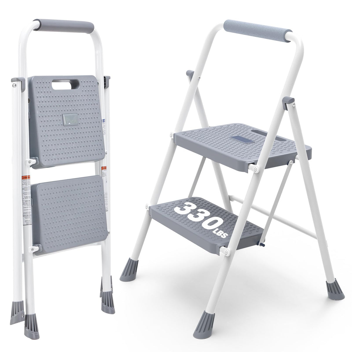 2 Step Ladder with Anti-Slip Pedal and Handrail, 330lbs Grey W205