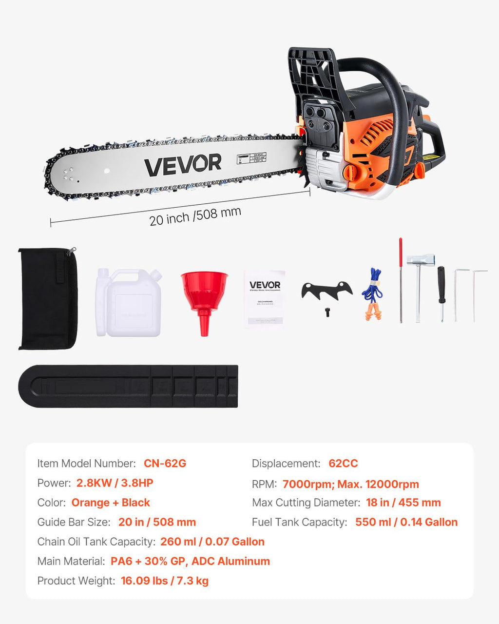 20 Inch 62CC Gas Powered Chainsaw L16698