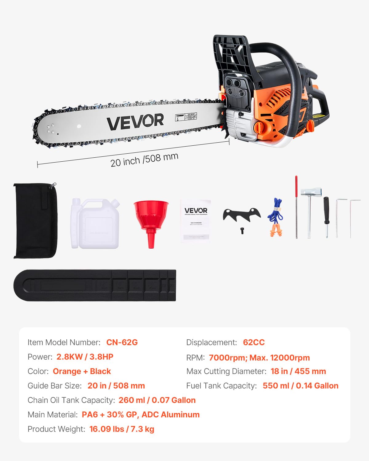 20 Inch 62CC Gas Powered Chainsaw L16698