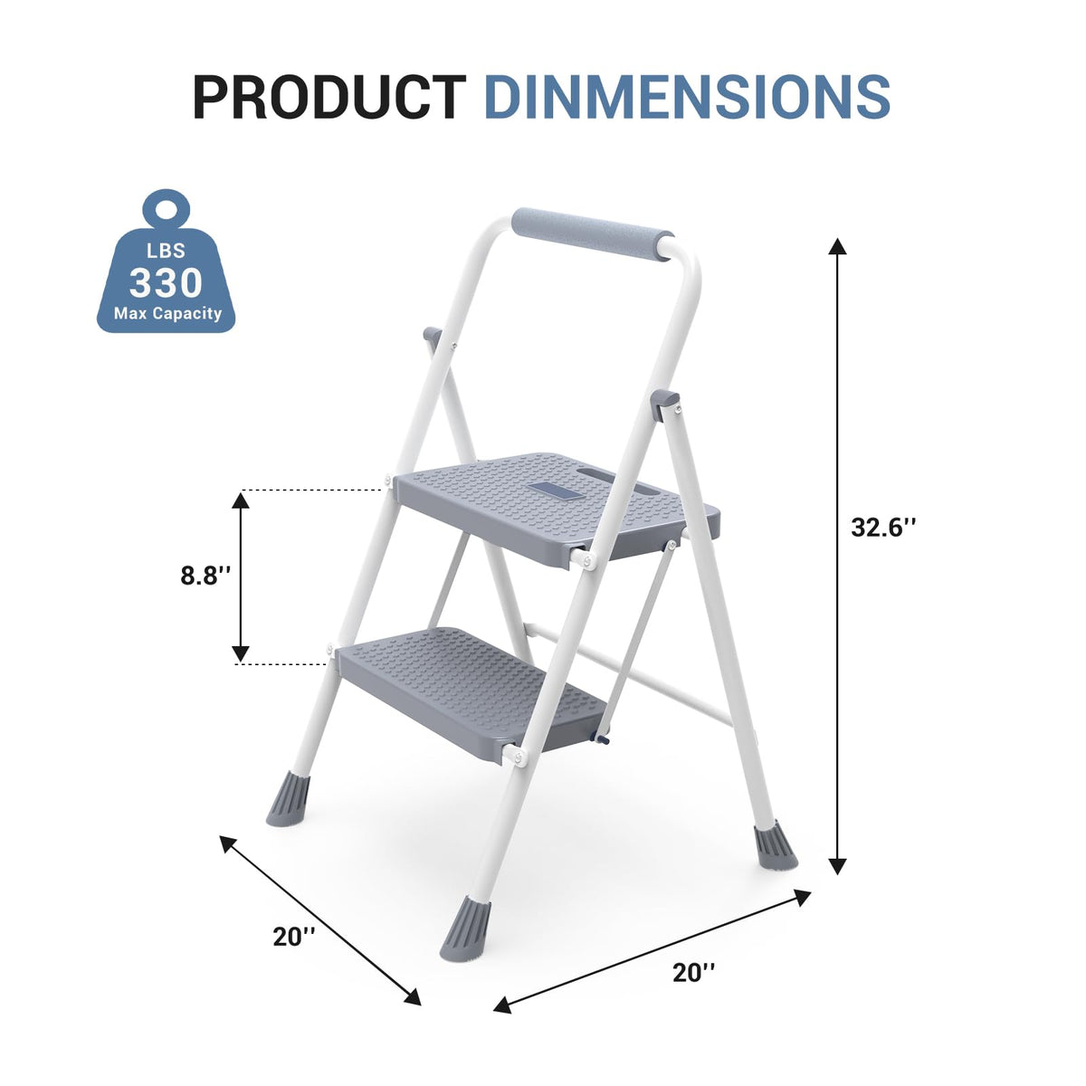2 Step Ladder with Anti-Slip Pedal and Handrail, 330lbs Grey W205