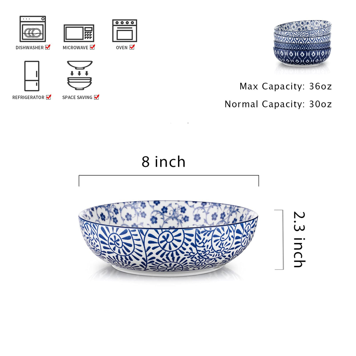 Ceramic Pasta Bowls Set of 4, 30 OZ Vintage Blue X7885