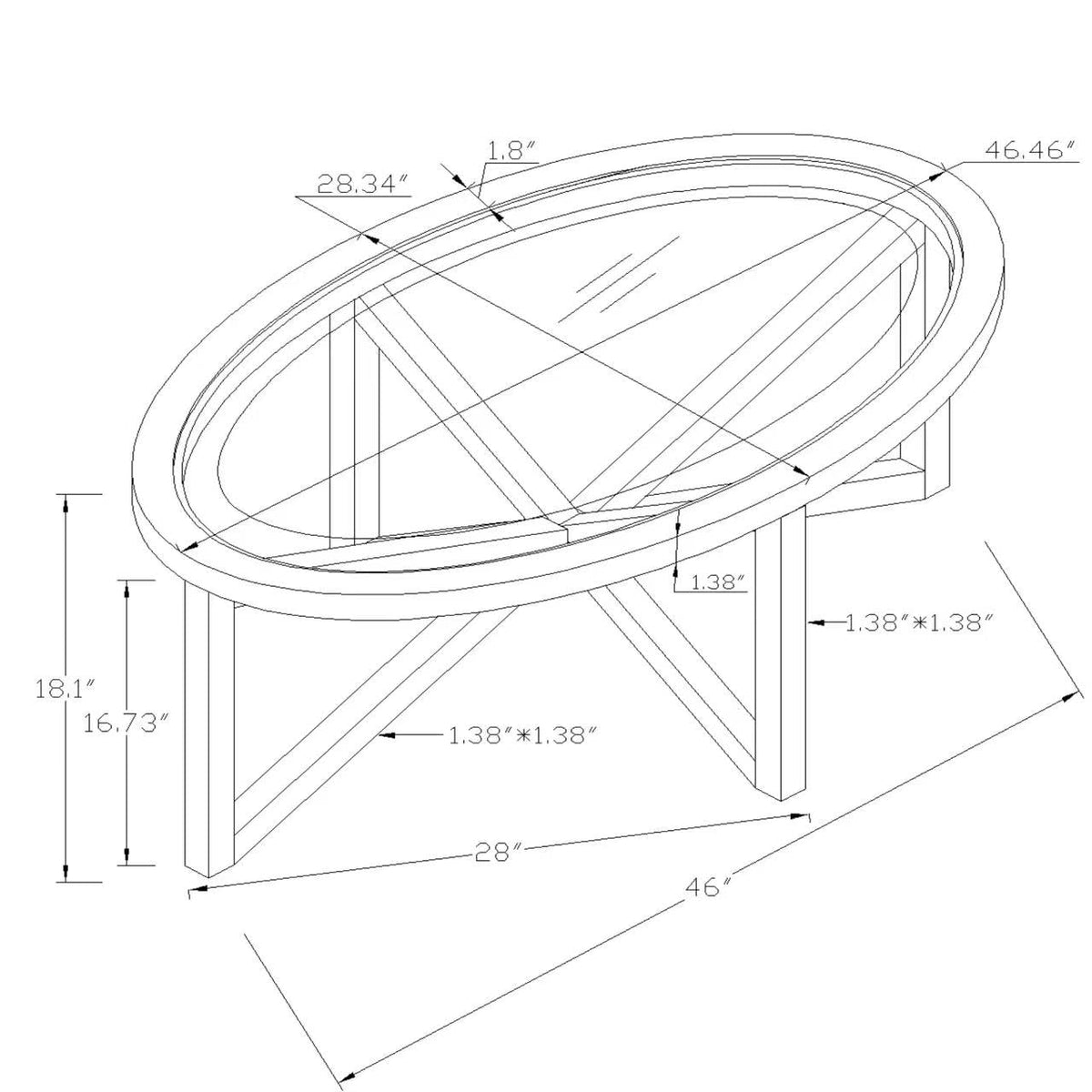 46" Oval Glass Coffee Table with Tempered Glass Top and Wood Base Z462