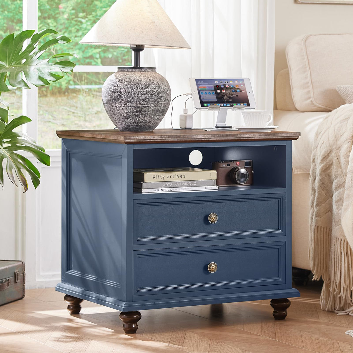 Blue 2 Drawer Nightstand Set of 2 with Charging Station X241350