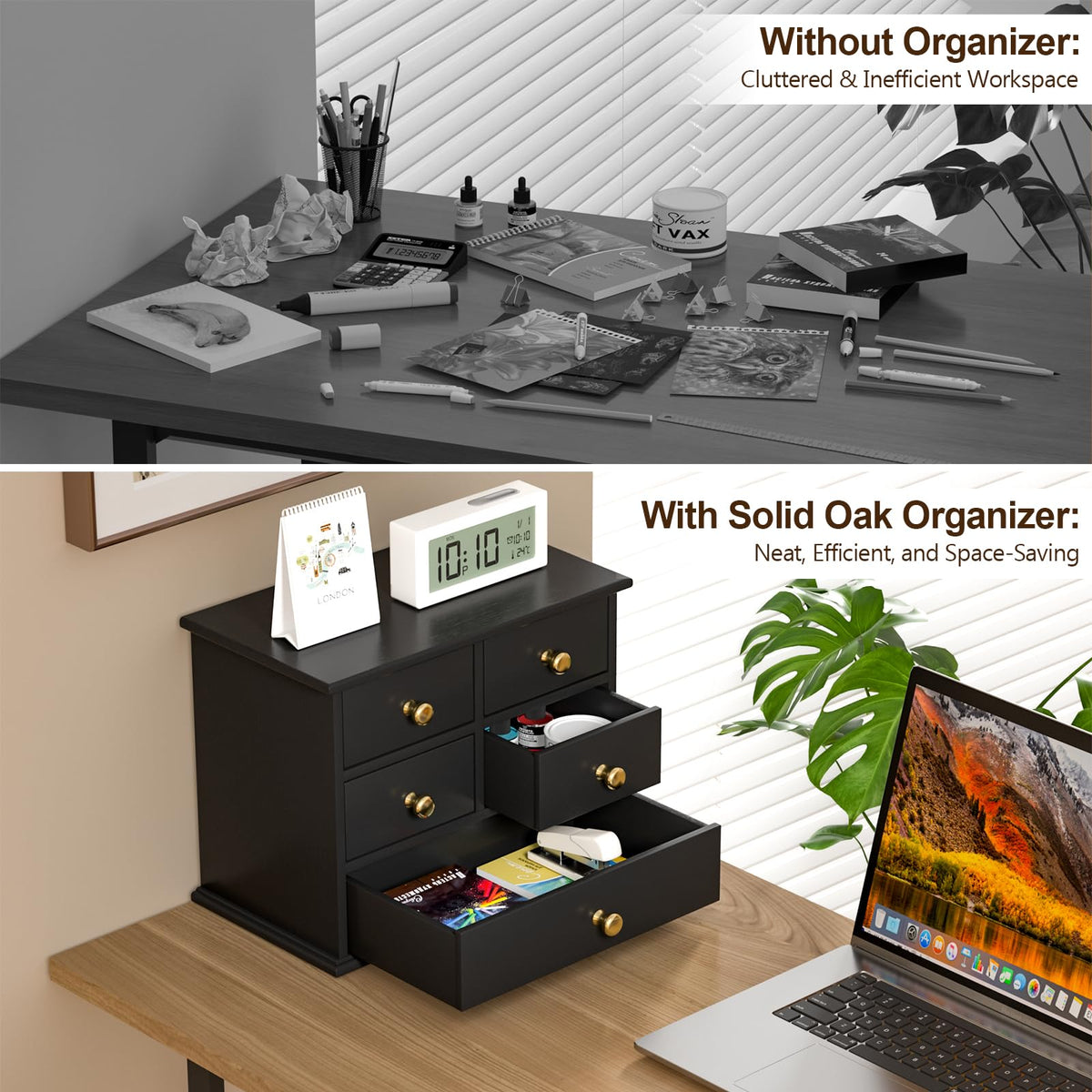 Oak Wooden Desk Organizer with Drawers H764