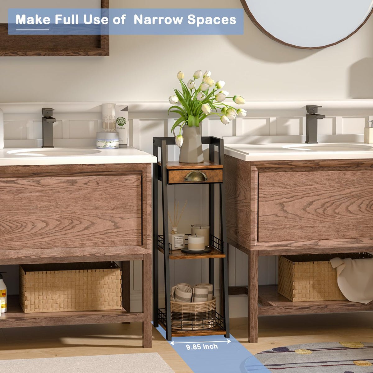3-Tier Narrow Bathroom Shelves with Drawer T580479