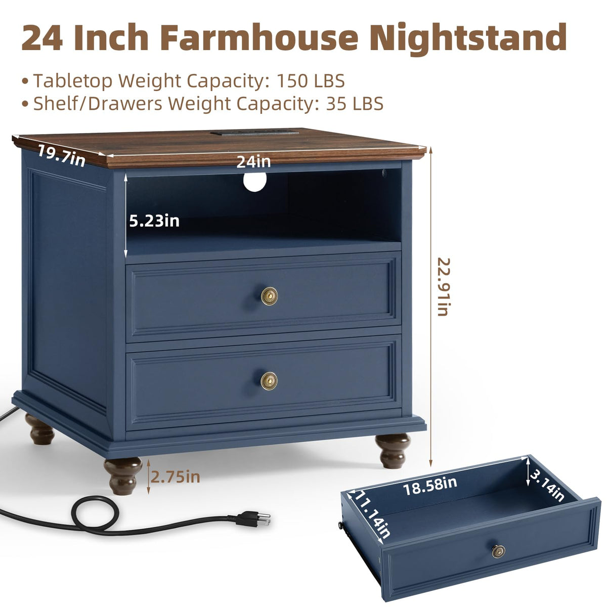 Blue 2 Drawer Nightstand Set of 2 with Charging Station X241350