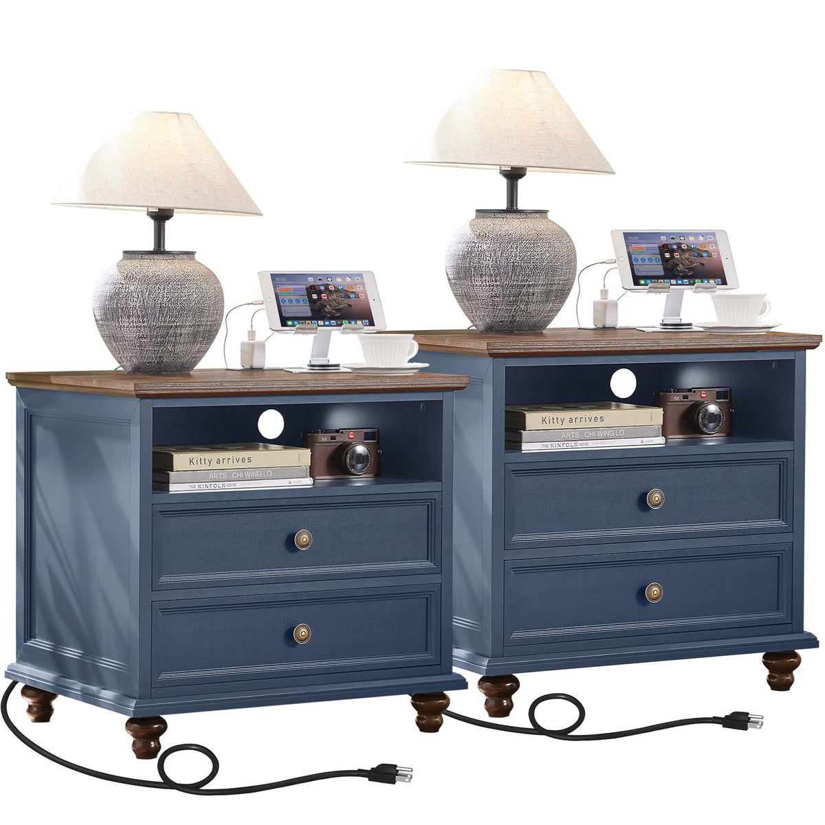 Blue 2 Drawer Nightstand Set of 2 with Charging Station X241350