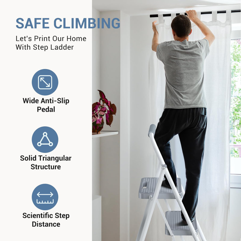2 Step Ladder with Anti-Slip Pedal and Handrail, 330lbs Grey W205