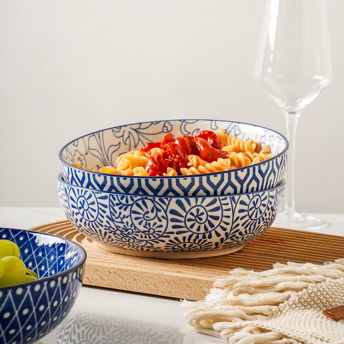 Ceramic Pasta Bowls Set of 4, 30 OZ Vintage Blue X7885