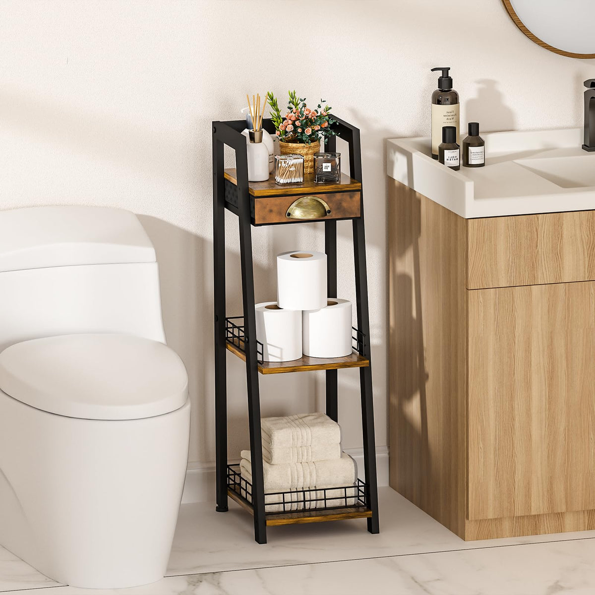 3-Tier Narrow Bathroom Shelves with Drawer T580479