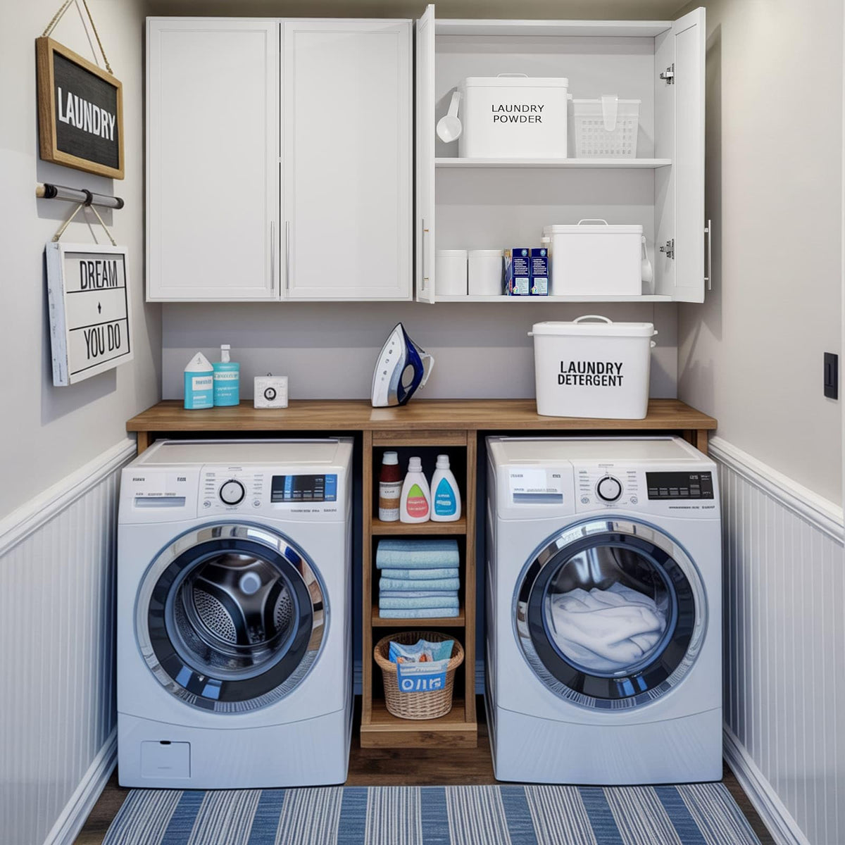 60" W White Laundry Room Wall Cabinets with Adjustable Shelf D8902