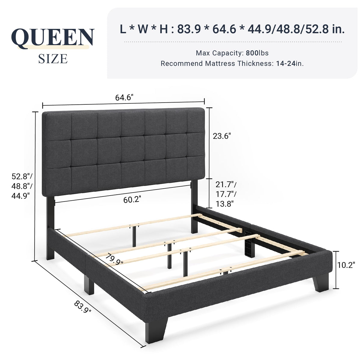 Queen Size Panel Bed Frame Dark Grey F2149