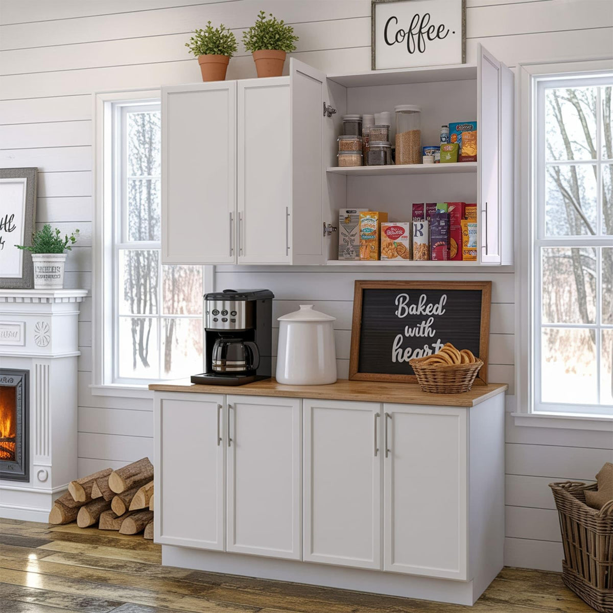60" W White Laundry Room Wall Cabinets with Adjustable Shelf D8902