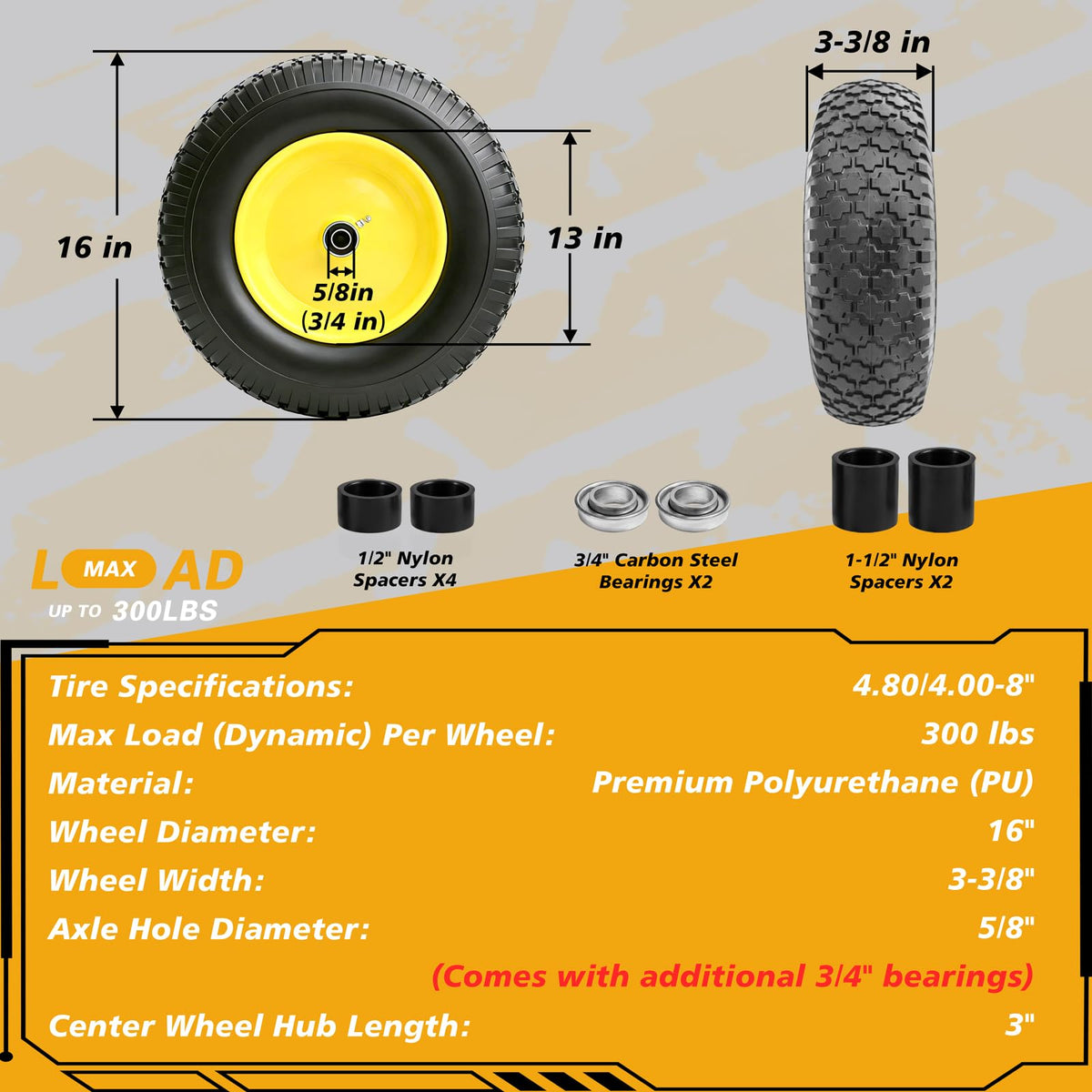16 Inch Flat Free Wheelbarrow Tire and Wheel 2 Pack C11965