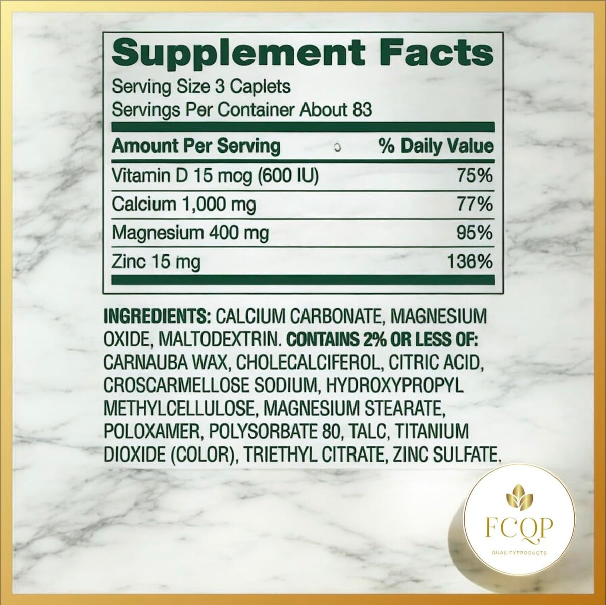 Calcium Magnesium Zinc with Vitamin D3 Supplements, 250 Coated Caplets N58981