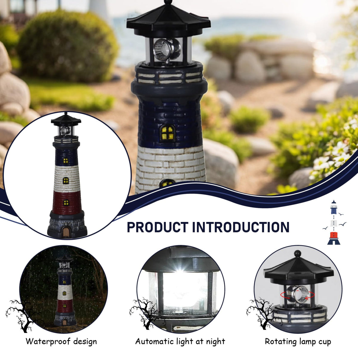 15" Tall Waterproof Resin Lighthouse Lamp with Rotating LED X7316