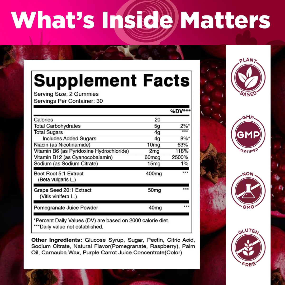 Beet Root Gummies with B6, B12, Grape Seed, Pomegranate & Nicotinamide 60 Count M67644