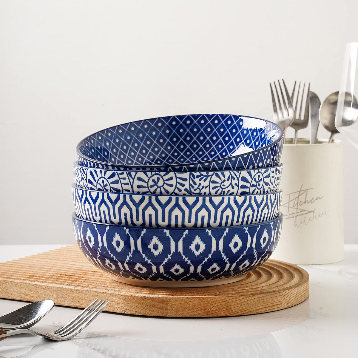 Ceramic Pasta Bowls Set of 4, 30 OZ Vintage Blue X7885