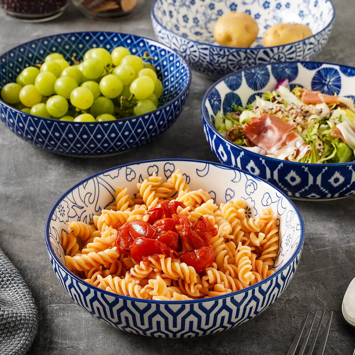 Ceramic Pasta Bowls Set of 4, 30 OZ Vintage Blue X7885
