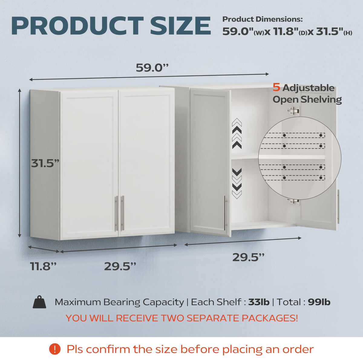 60" W White Laundry Room Wall Cabinets with Adjustable Shelf D8902
