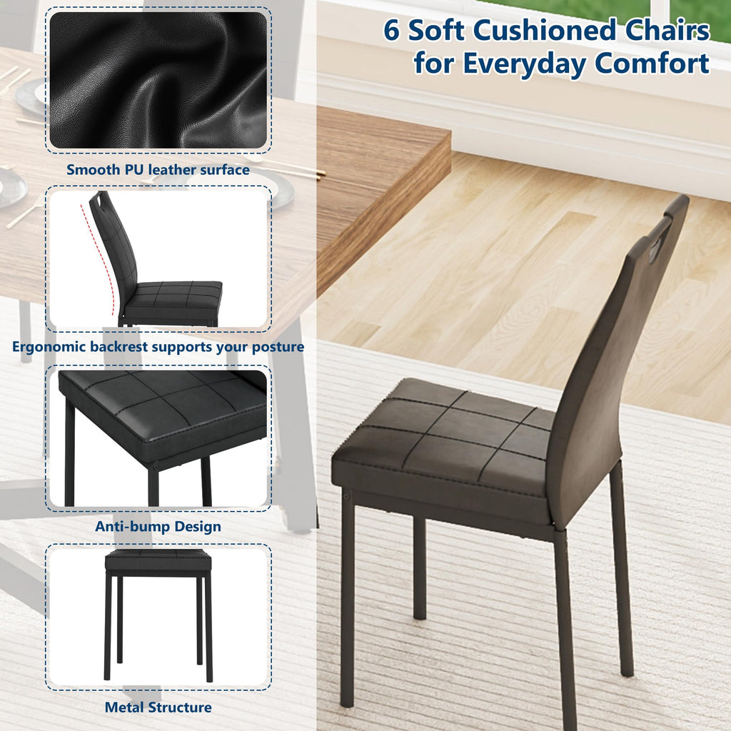 7 Pcs 71 inch Farmhouse Dining Table with Chairs Set for 6 Walnut I2038