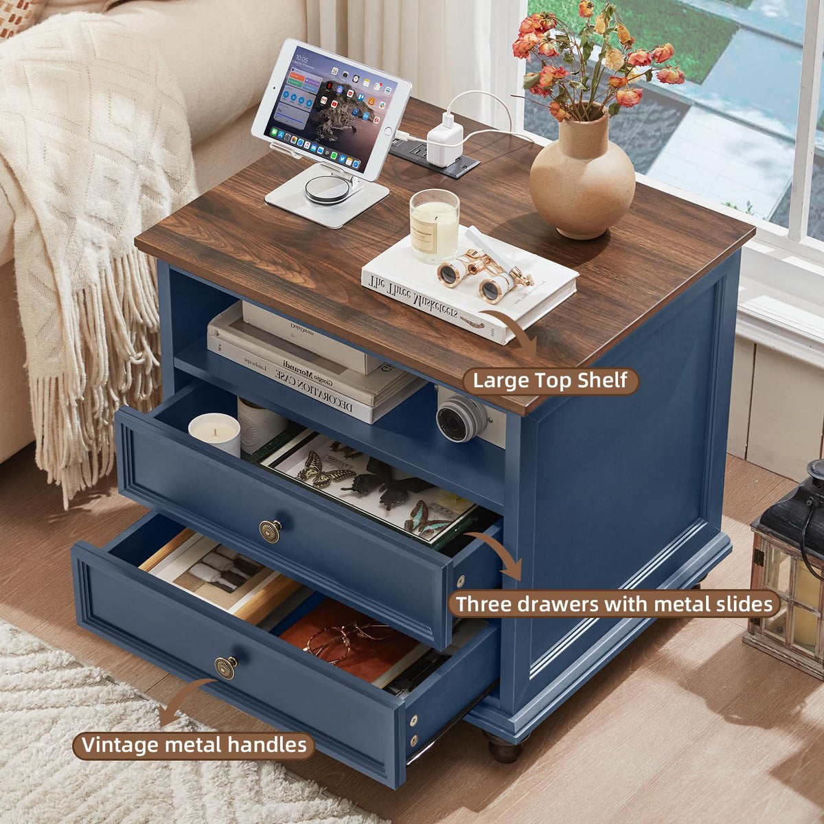 Blue 2 Drawer Nightstand Set of 2 with Charging Station X241350