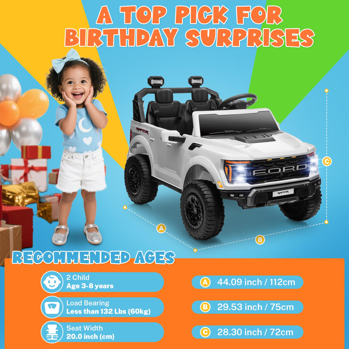 White 24V 2 Seater Kids Ride on Truck with Parent Remote Control E331