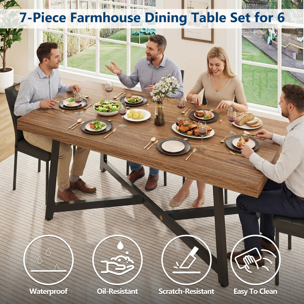 7 Pcs 71 inch Farmhouse Dining Table with Chairs Set for 6 Walnut I2038