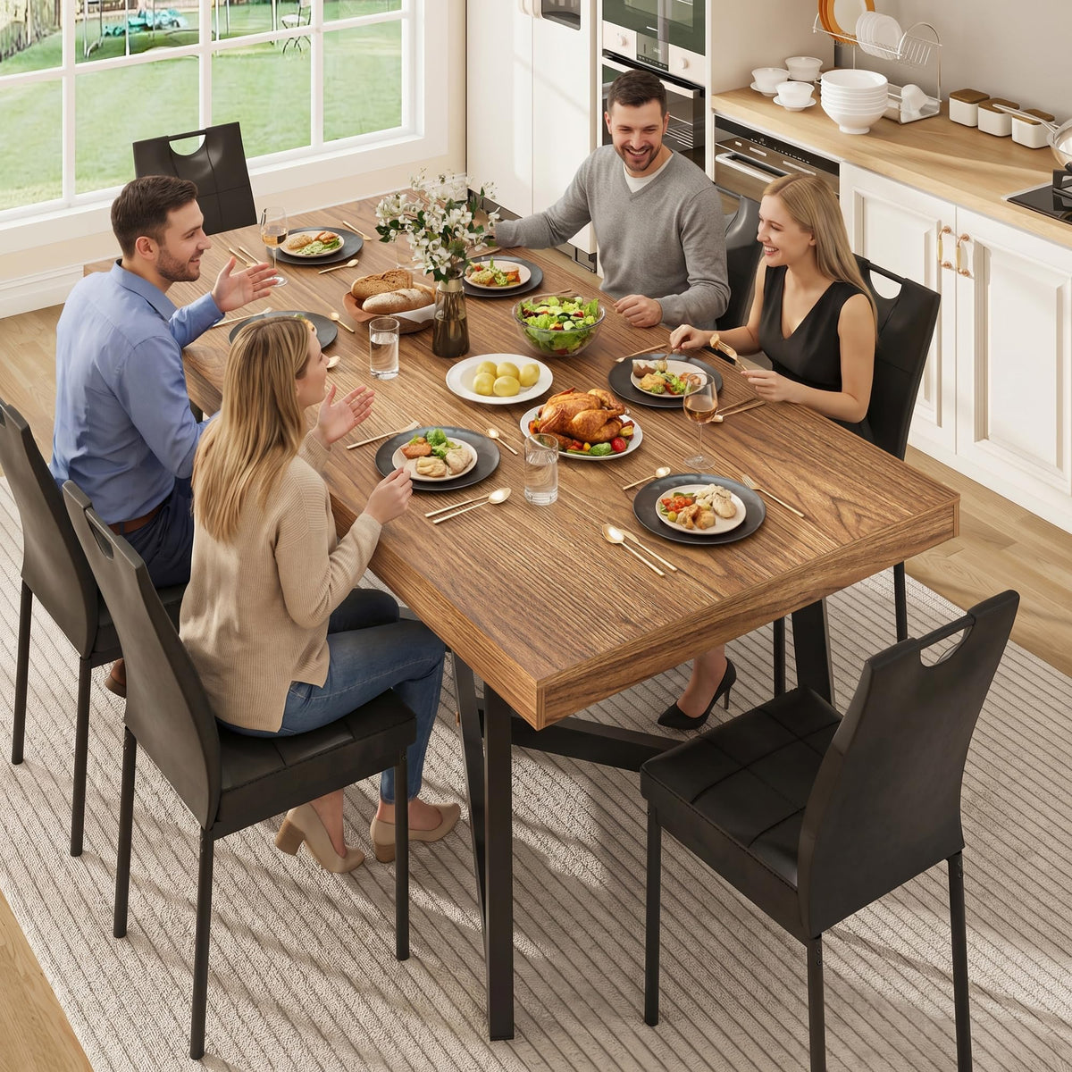 7 Pcs 71 inch Farmhouse Dining Table with Chairs Set for 6 Walnut I2038
