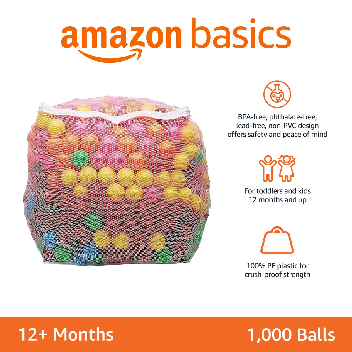 BPA Free Crush-Proof Plastic Ball Pit Balls with Storage Bag, 6 Bright Colors, Pack of 1000 P313