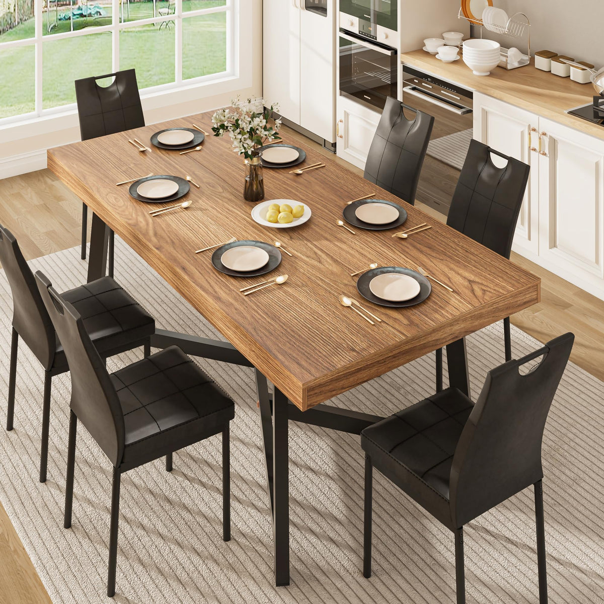 7 Pcs 71 inch Farmhouse Dining Table with Chairs Set for 6 Walnut I2038