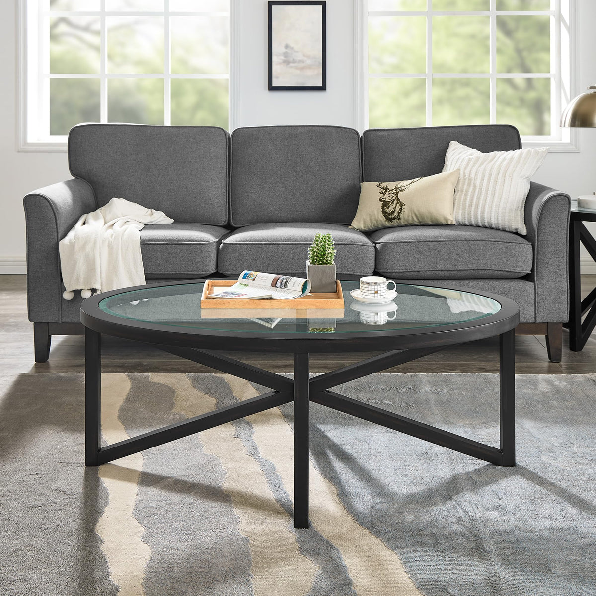46" Oval Glass Coffee Table with Tempered Glass Top and Wood Base Z462